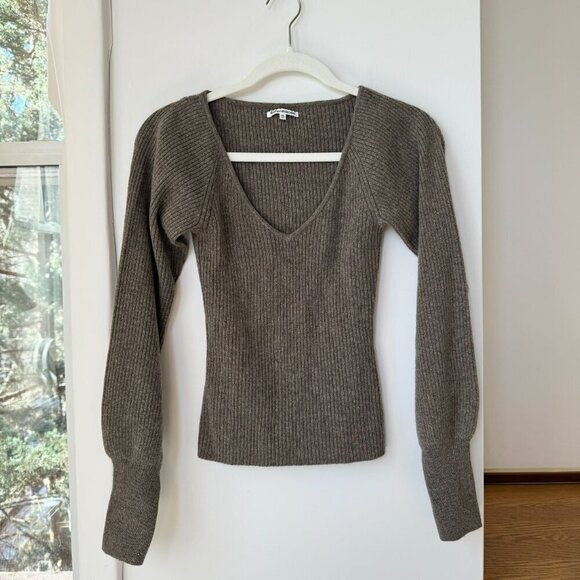 Reformation Hart Cashmere Sweater Knit V Scoop Neck RIbbed in Cocoa Brown - Picture 5 of 12